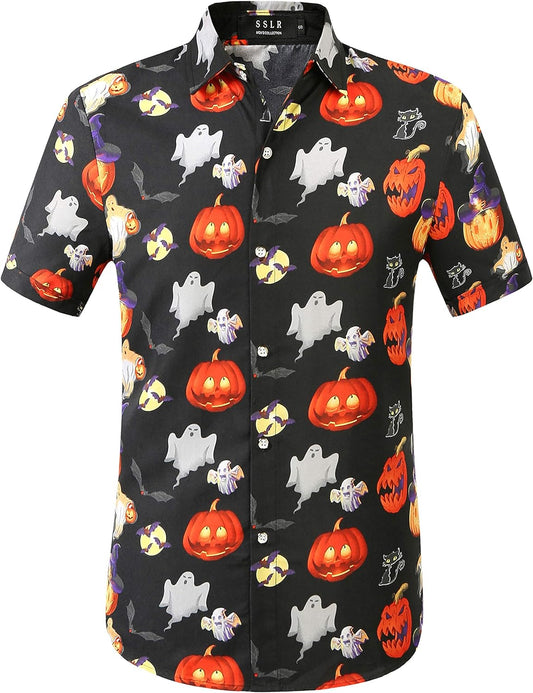 Mens Halloween Shirt, Short Sleeve Pumpkins Shirts Button down Light Weight Causal